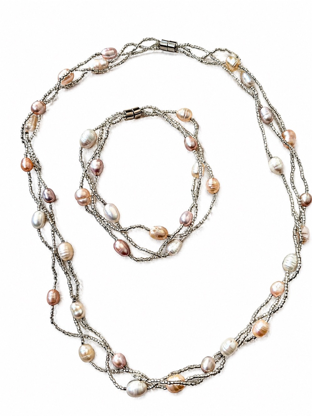 Freshwater Pearl Multi-Strand Beaded Necklace & Bracelet Set Magnetic Clasp Sil